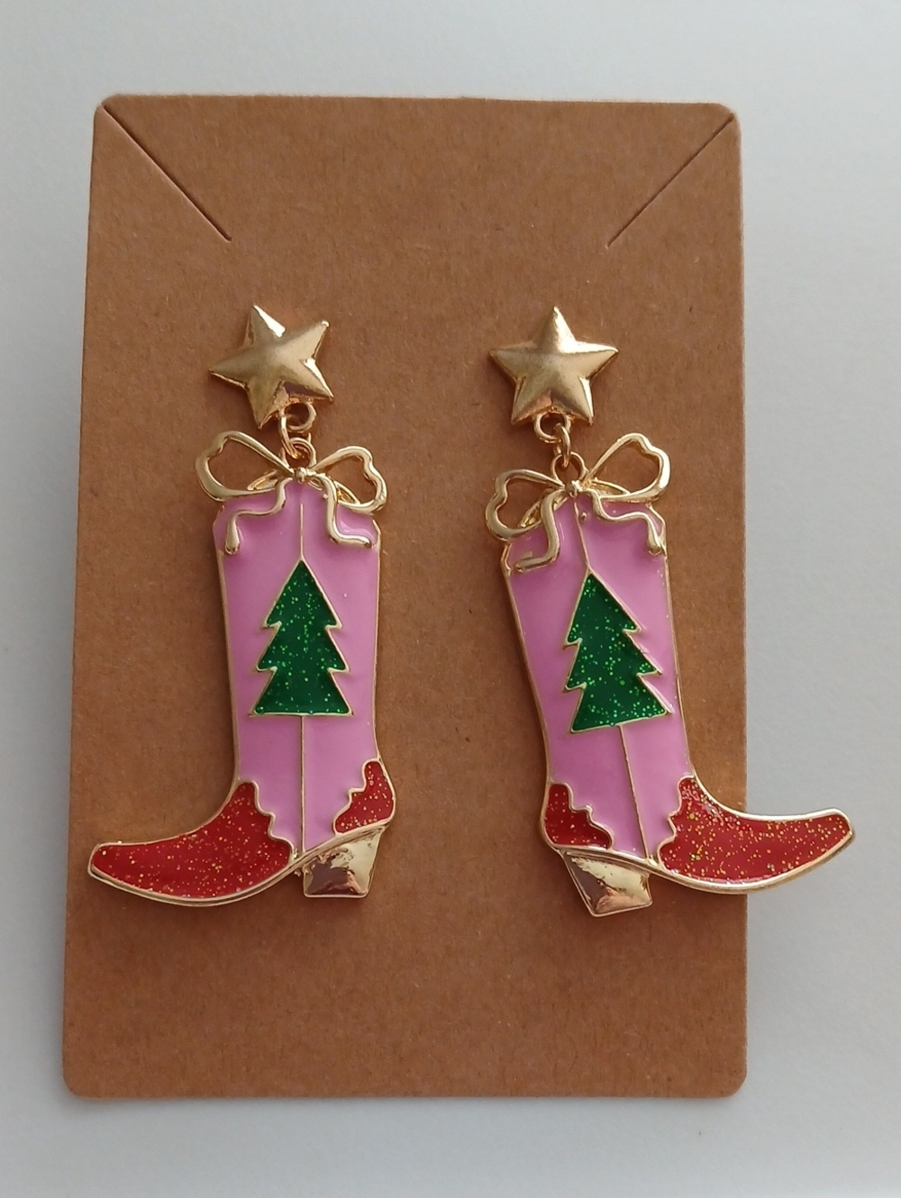 Fashion Jewelry Pink Cowboy Boot Earrings with Green Tree and Red Glitter
